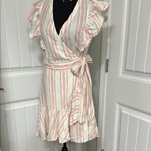 Striped Wrap Ruffle Dress in Cream and Coral